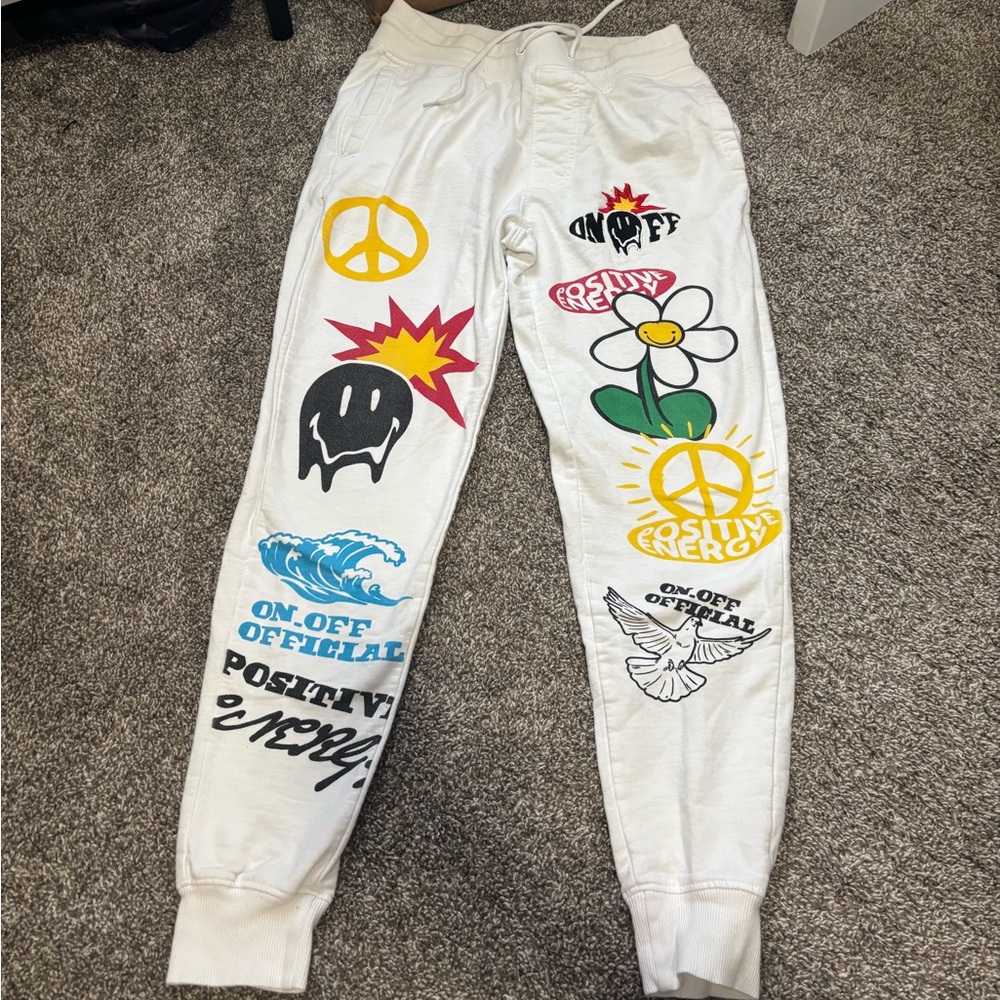 White graphic design joggers